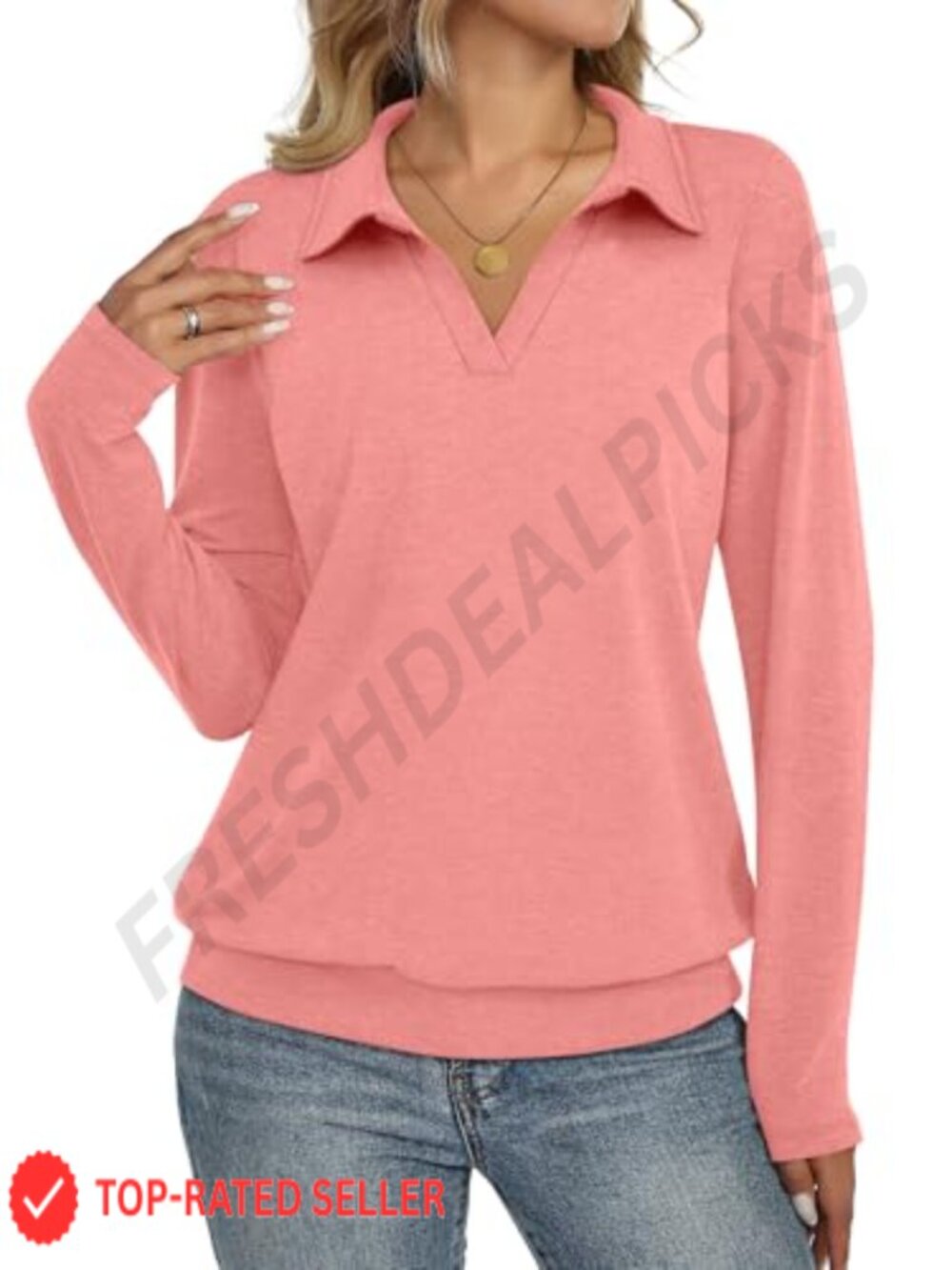 Womens Long Sleeve V Neck Polo Shirt Banded Bottom Business Casual Top